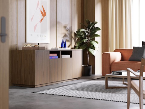 JD Credenza by DatesWeiser in a reception space or collaborative office setting, angled view.