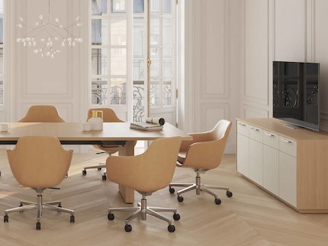 JD Conference Table and JD Credenza by DatesWeiser in White Oak with Saiba Chairs in Bristol Leather in Conference Room.