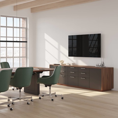 JD Credenza by DatesWeiser in a reception space or collaborative office setting, angled view.