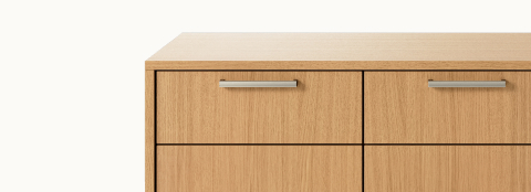 JD Credenza by DatesWeiser in Natural Rift Cut Oak with Satin Nickel drawer pulls viewed from the front.