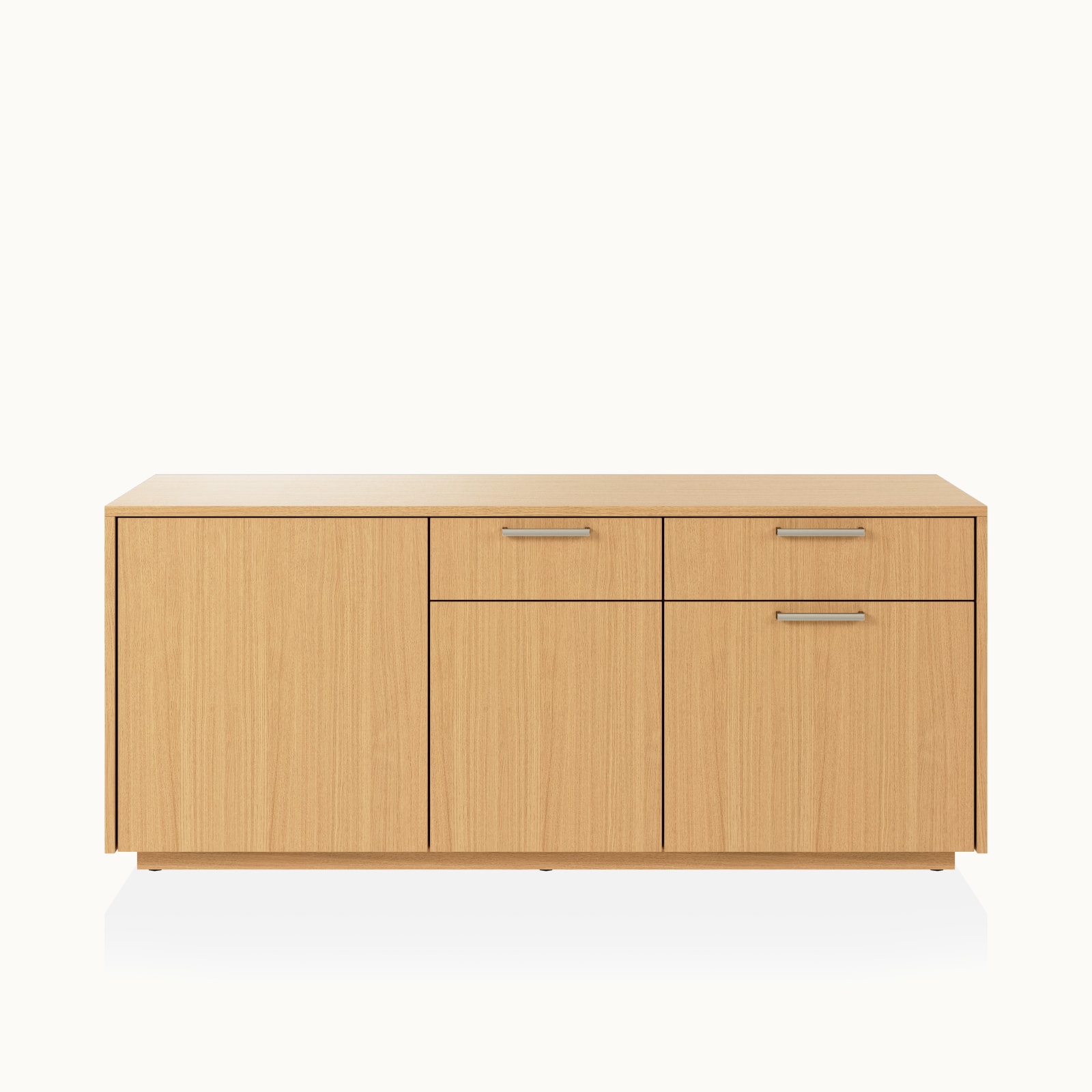 JD Credenza by DatesWeiser in Natural Rift Cut Oak with Satin Nickel drawer pulls viewed from the front.