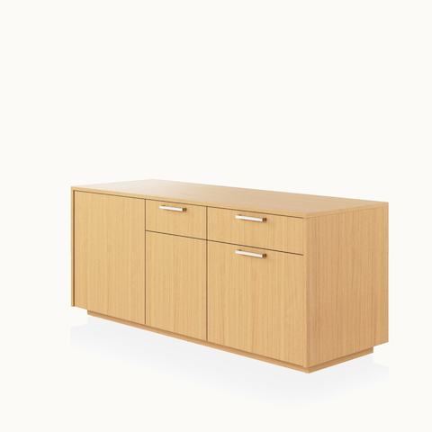 JD Credenza by DatesWeiser in Natural Rift Cut Oak with Satin Nickel drawer pulls viewed from a 45 degree angle.
