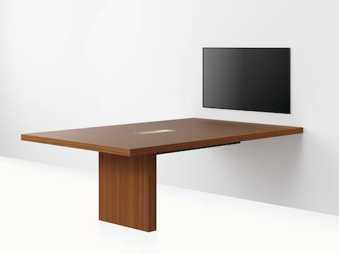 JD Media Table by DatesWeiser in Natural Quarter Cut Walnut with a 1 and 1/4 inch thick top viewed from a 45 degree angle.