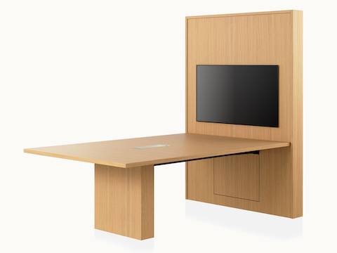 JD Media Table and Wall by DatesWeiser in Natural Rift Cut Oak with a 1 and a 1/4 inch thick top viewed from a 45 degree angle.
