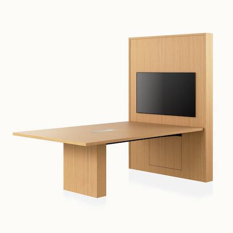 JD Media Table and Wall by DatesWeiser in Natural Rift Cut Oak with a 1 and a 1/4 inch thick top viewed from a 45 degree angle.