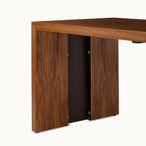 JD Waterfall Table by DatesWeiser in Walnut bar height, side detail view showing power storage option.