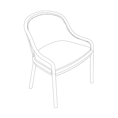 Line drawing of a Landmark side chair with French upholstery and low arms, viewed from above at an angle.