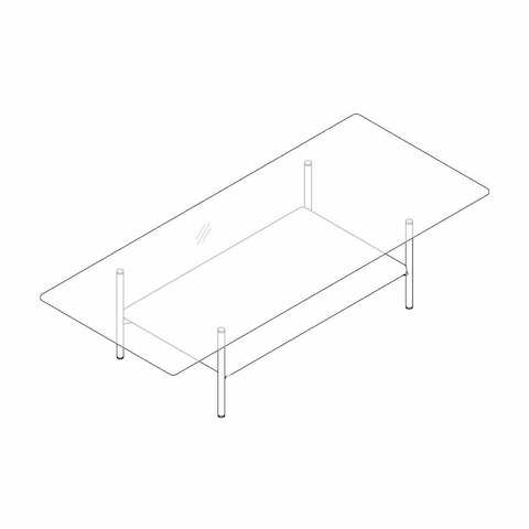 Line drawing of a rectangular Layer coffee table with a lower shelf, viewed from above at an angle.