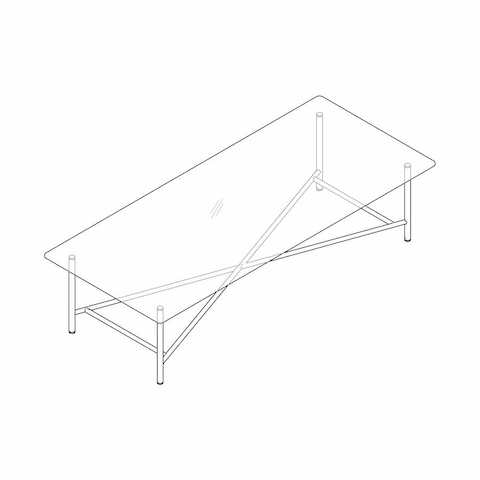 Line drawing of the nesting high table component of a two-piece, L-shaped Layer coffee table, viewed from above at an angle.