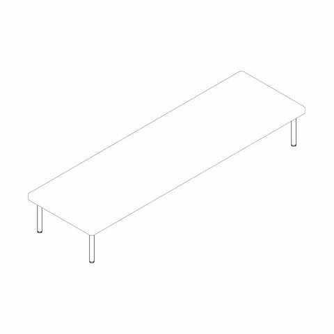 Line drawing of the nesting low table component of a two-piece, L-shaped Layer coffee table, viewed from above at an angle.