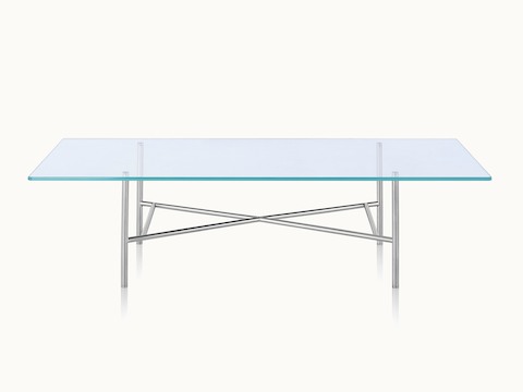 A rectangular Layer coffee table with a glass top and cylindrical metal cross braces, viewed from the front.