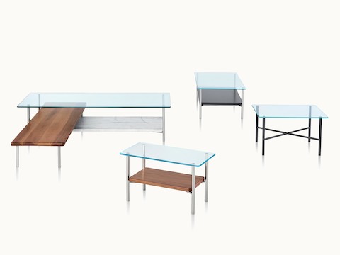 Four Layer occasional tables of various styles and different combinations of glass, wood, and marble.