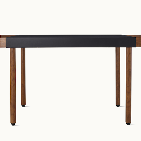 Leatherwrap SIt-to-Stand Desk in walnut and black leather, front view.