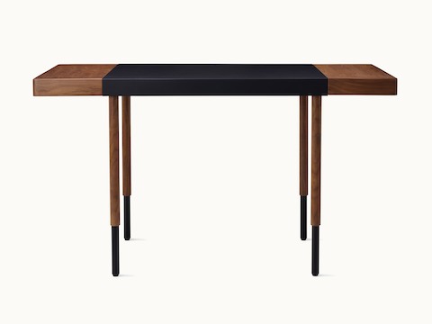 Leatherwrap Sit-to-Stand Desk in walnut and black leather, partially raised, front view.