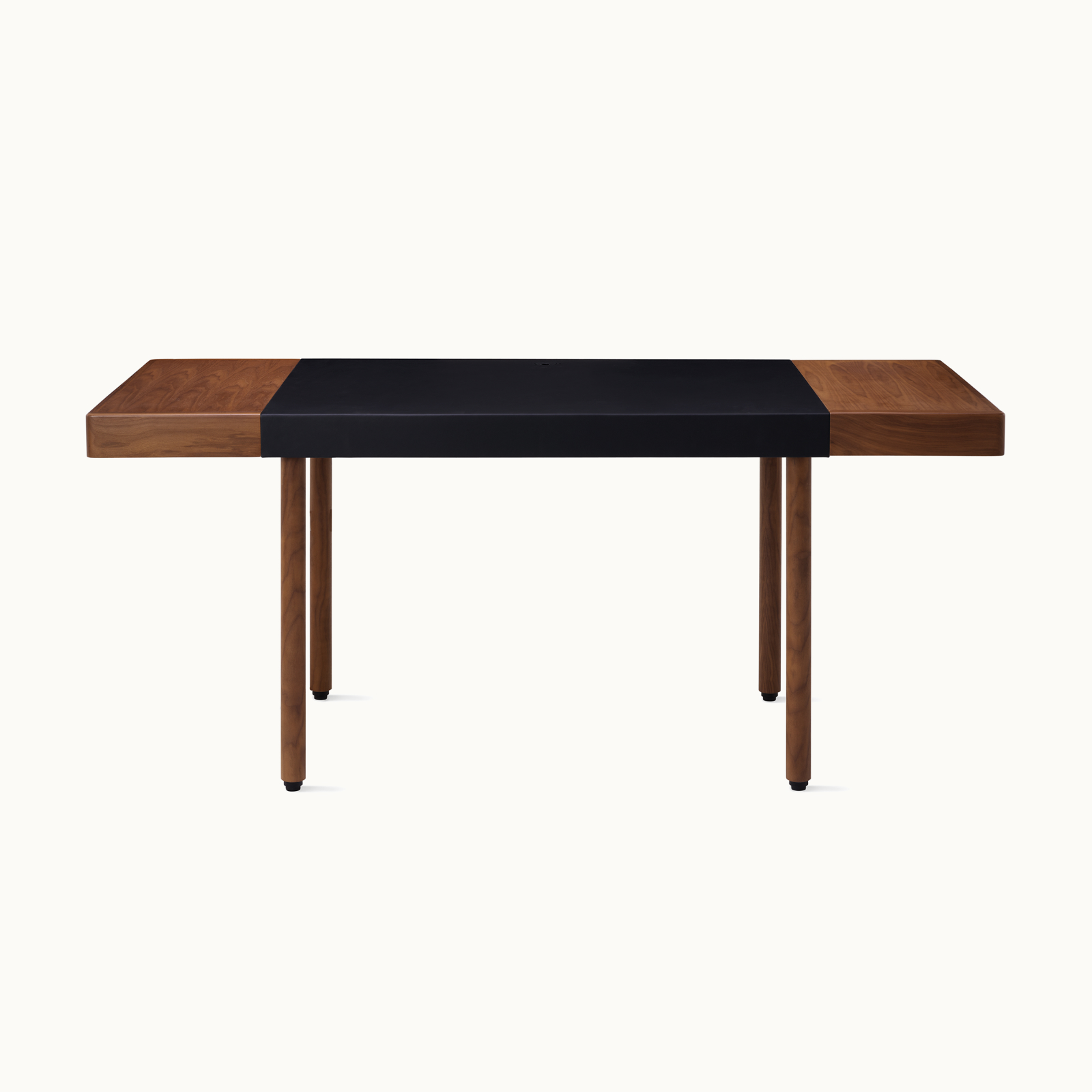 New Canaan Leatherwrap Sit-to-Stand Desk in walnut and black leather, front view.