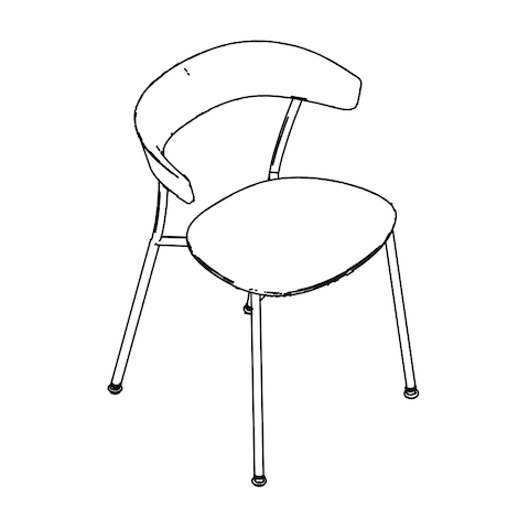 Line drawing of a Leeway side chair with a metal frame and a polyurethane backrest and seat, viewed from above at an angle.