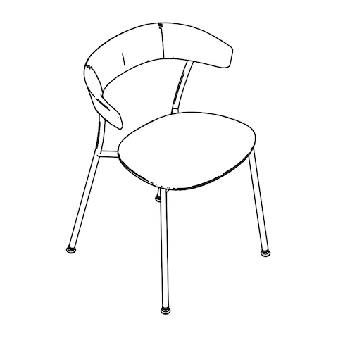 Line drawing of a Leeway side chair with a metal frame and a wood backrest and seat, viewed from above at an angle.