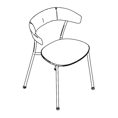 Line drawing of a Leeway side chair with a metal frame, wood backrest, and upholstered seat, viewed from above at an angle.