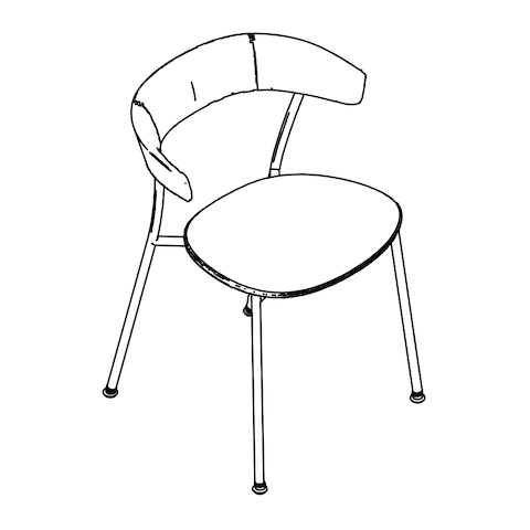 Line drawing of a Leeway side chair with a metal frame, wood backrest, and upholstered seat, viewed from above at an angle.
