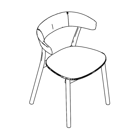 Line drawing of a Leeway side chair with a wood frame, wood backrest, and upholstered seat, viewed from above at an angle.