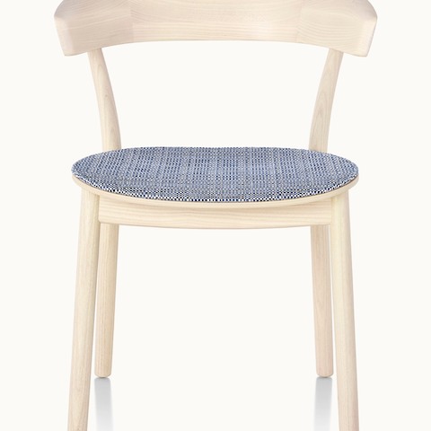 Front view of a wood Leeway side chair with a blue upholstered seat.