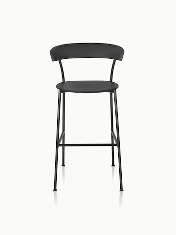 A bar-height Leeway Stool with a black metal frame and a black polyurethane backrest and seat, viewed from the front.