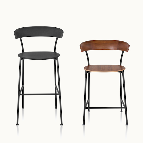 A bar-height Leeway Stool next to a counter-height Leeway Stool, both viewed from the front.