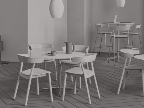 Black-and-white image of a lounge space featuring various seating types, including metal and wood Leeway Stools.