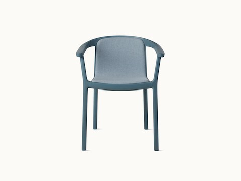 Lijn Armchair by Carole Baijings for Geiger in Nordic Blue frame upholstered with Maharam Luce in Brine, front view on a white sweep.