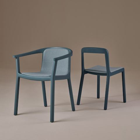 Lijn Side Chair and Armchair by Carole Baijings for Geiger in Nordic Blue on a neutral background.