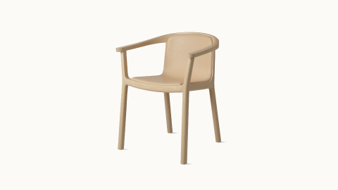 Lijn Armchair by Carole Baijings for Geiger in Light Beech frame upholstered with Maharam Prone Leather in Balsa, angled front view on a white sweep. Lijn Armchair by Carole Baijings for Geiger in Light Beech frame upholstered with Maharam Prone Leather in Balsa, angled front view on a white sweep.