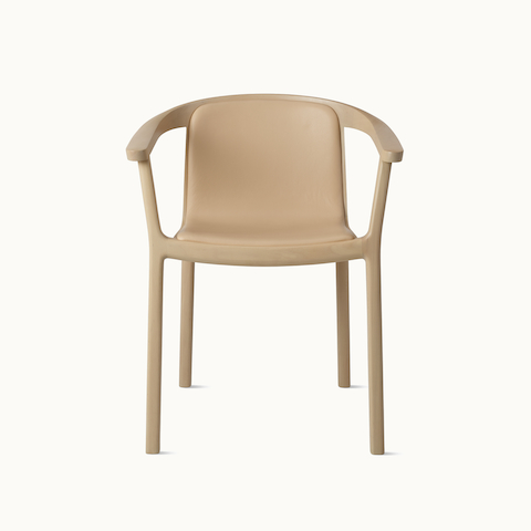 Lijn Armchair by Carole Baijings for Geiger in Light Beech frame upholstered with Maharam Prone Leather in Balsa, front view on a white sweep.
