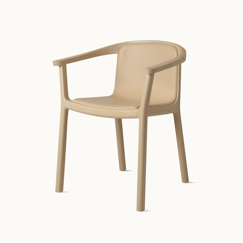 Lijn Armchair by Carole Baijings for Geiger in Light Beech frame upholstered with Maharam Prone Leather in Balsa, angled front view on a white sweep.