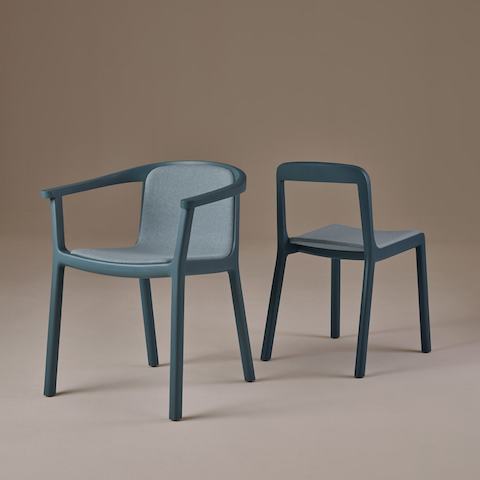 Lijn Side Chair and Armchair by Carole Baijings for Geiger in Nordic Blue on a neutral background.