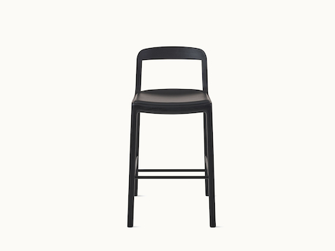 Lijn Stool by Carole Baijings for Geiger in Ebonized Oak frame upholstered with Maharam Prone Leather in Obsidian, front view on a white sweep. Lijn Stool by Carole Baijings for Geiger in Ebonized Oak frame upholstered with Maharam Prone Leather in Obsidian, front view on a white sweep.