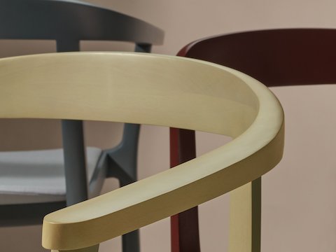 Lijn Armchair and Side Chair by Carole Baijings for Geiger in Nordic Blue, Sundrift, and Red Clay, detail shot on a neutral background.