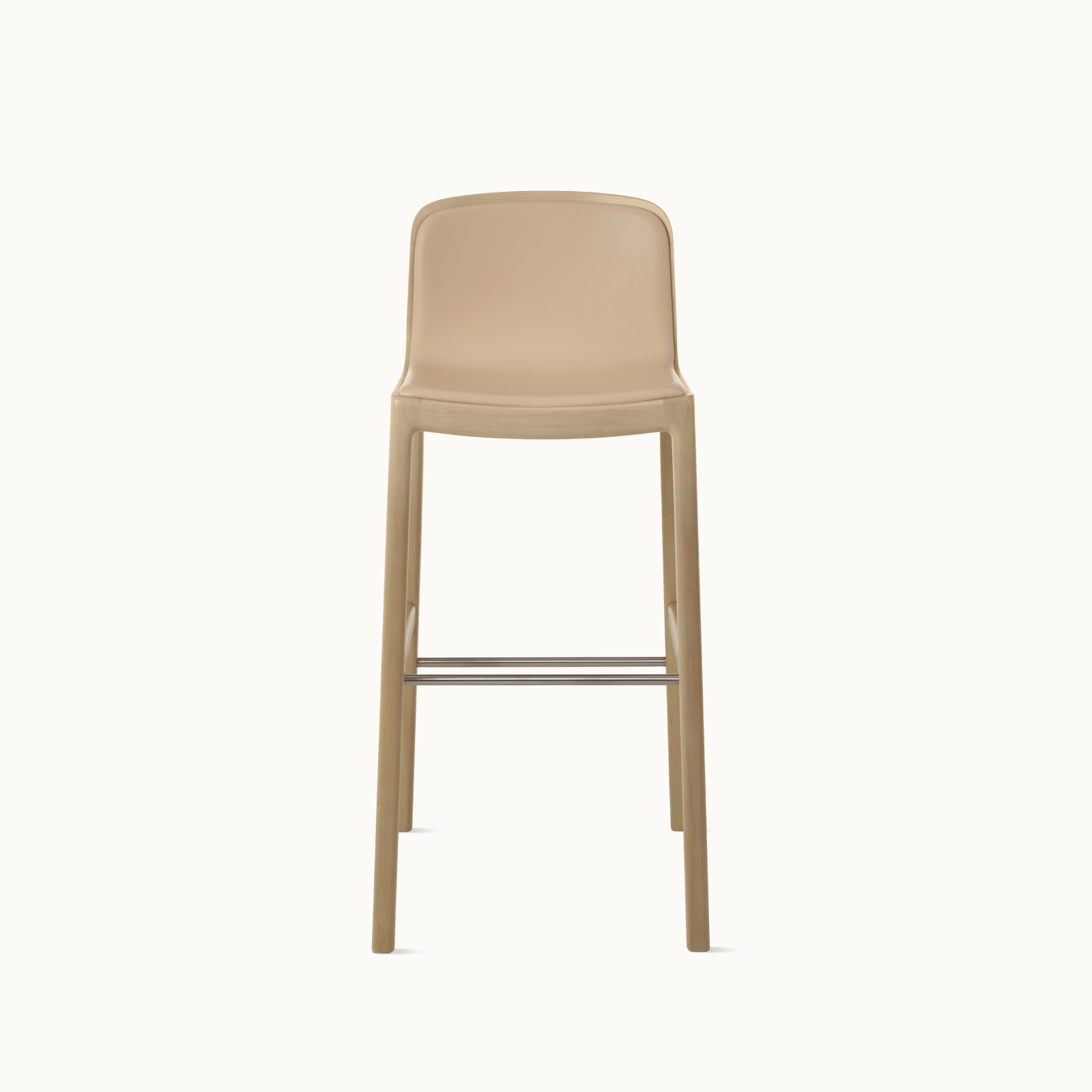 Lijn Stool by Carole Baijings for Geiger in Light Beech frame upholstered with Maharam Prone Leather in Balsa, front view on a white sweep.