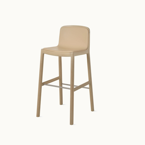 Lijn Stool by Carole Baijings for Geiger in Light Beech frame upholstered with Maharam Prone Leather in Balsa, angled front view on a white sweep.