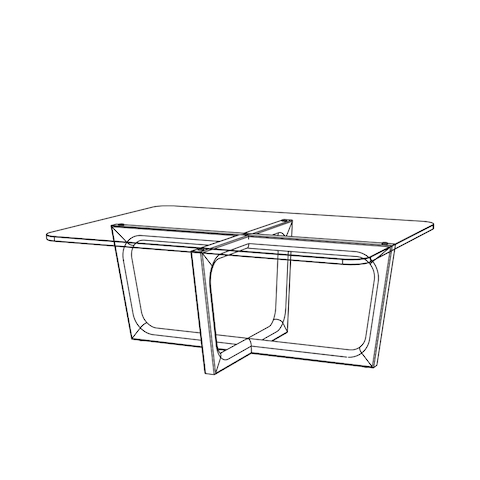 Line drawing of a rectangular Loophole coffee table, viewed at an angle.