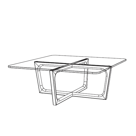 Line drawing of a square Loophole coffee table, viewed at an angle.