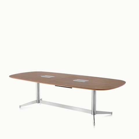 Angled view of an oblong MP Conference Table with a medium-tone recograin rosewood finish. Select to go to the MP Conference Tables product page.