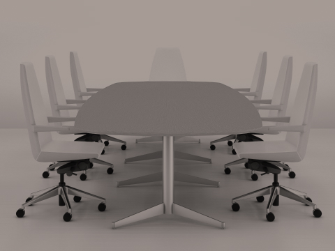Black-and-white image of an MP Conference Table surrounded by seven high-back Clamshell Lounge Chairs, viewed from the side.