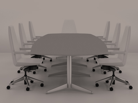 Black-and-white image of an MP Conference Table surrounded by seven high-back Clamshell Lounge Chairs, viewed from the side. Black-and-white image of an MP Conference Table surrounded by seven high-back Clamshell Lounge Chairs, viewed from the side.