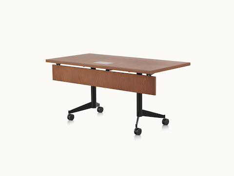 A rectangular MP Flex Table with a chocolate ash finish and black base, viewed at an angle.