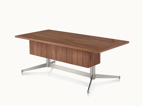 Angled view of a rectangular MP Height-Adjustable Table, showing the modesty panel.