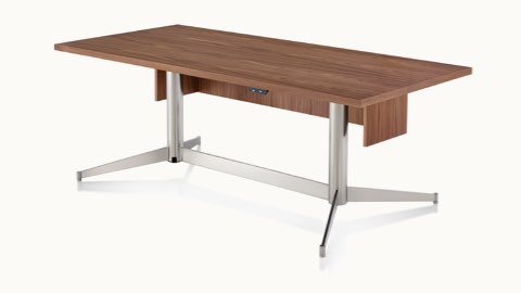 Angled view of a rectangular MP Height-Adjustable Table, showing the height-adjustment button beneath the tabletop.