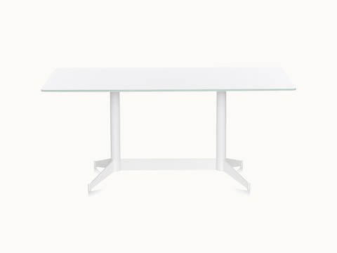A rectangular MP Table with a white back-painted glass top and white base, viewed from the front.