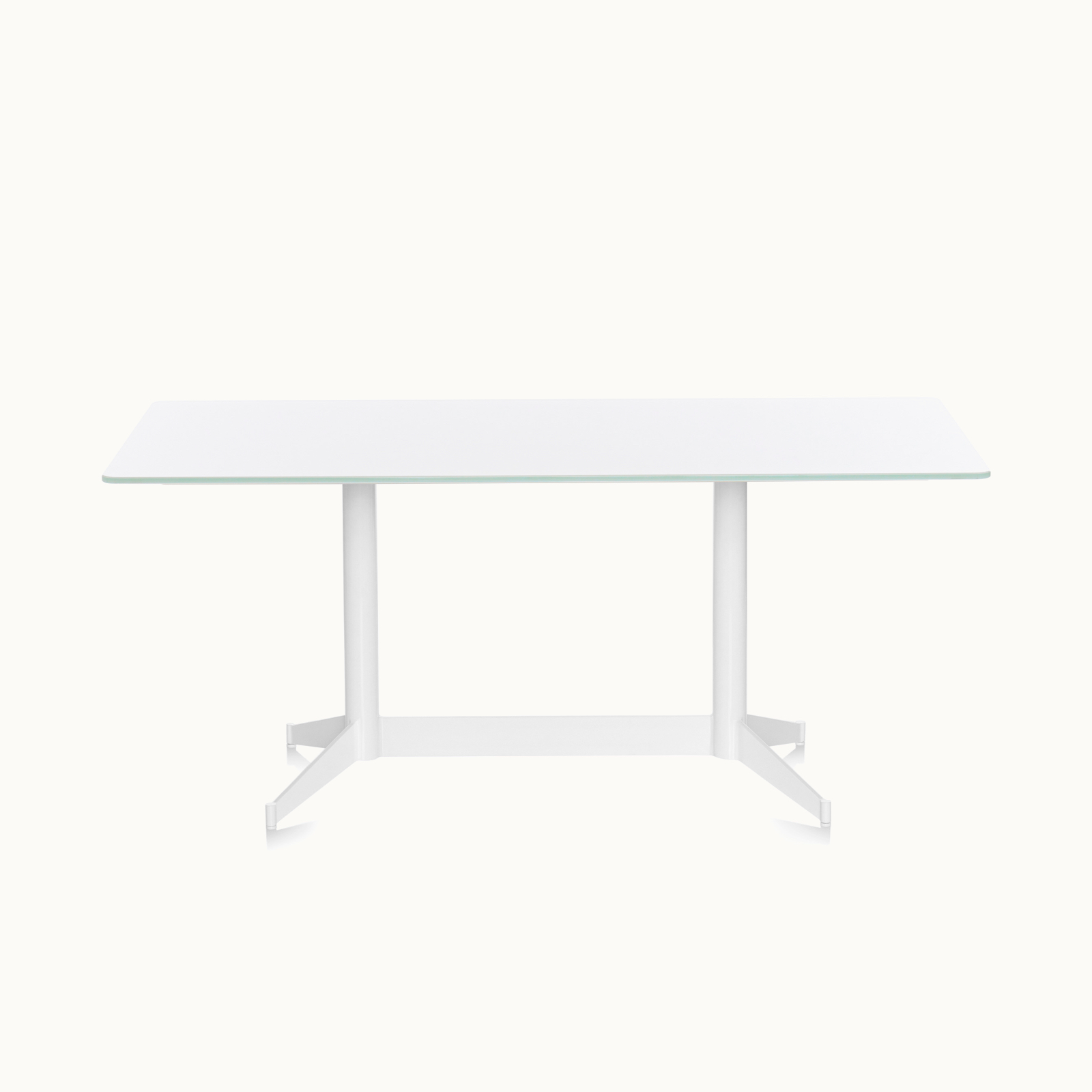 A rectangular MP Table with a white back-painted glass top and white base, viewed from the front.