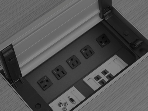 Black-and-white image of an MP Tables power center, showing the flip lid in the open position to reveal technology connections. Black-and-white image of an MP Tables power center, showing the flip lid in the open position to reveal technology connections.