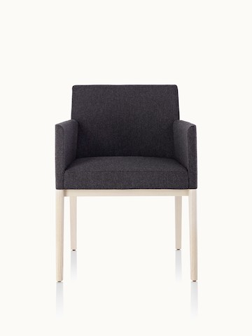 A Nessel side chair with black fabric upholstery, wraparound arms, and a wood frame with a light finish, viewed from the front.